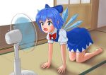  1girl all_fours bare_legs barefoot blue_bow blue_dress blue_eyes blue_hair bow bowtie cirno commentary_request day dress electric_fan eyebrows_visible_through_hair facing_away hair_between_eyes hair_bow indoors open_door open_mouth pinafore_dress pointy_ears puffy_short_sleeves puffy_sleeves red_neckwear rikku_(licloud28) shirt shirt_under_dress short_sleeves sliding_doors solo tatami touhou veranda white_shirt wings 