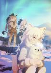 3girls aardwolf_(kemono_friends) aardwolf_ears aardwolf_tail absurdres animal animal_ears arctic_fox_(kemono_friends) black_hair blonde_hair blue_sky capelet commentary_request dog extra_ears fox_ears fox_tail fur_trim giraffe_ears giraffe_horns giraffe_print giraffe_tail gjkdyu highres kemono_friends long_hair magnifying_glass multicolored_hair multiple_girls outdoors ponytail print_legwear print_scarf print_skirt reticulated_giraffe_(kemono_friends) scarf shared_scarf shorts skirt sky standing tail two-tone_hair white_hair 