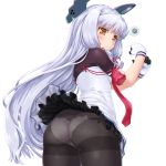  1girl ass bangs black_legwear blunt_bangs blush breasts brown_eyes closed_mouth cowboy_shot dd_(ijigendd) dress dress_lift eyebrows_visible_through_hair from_behind gloves hair_ribbon headgear highres kantai_collection long_hair looking_back murakumo_(kantai_collection) necktie panties panties_under_pantyhose pantyhose ribbon short_dress sidelocks silver_hair simple_background small_breasts solo spoken_squiggle squiggle sweatdrop thighband_pantyhose underwear very_long_hair wavy_mouth white_background white_gloves white_panties 