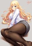  1girl alternate_costume arm_support artist_name ass atago_(kantai_collection) black_legwear blonde_hair blue_eyes blue_skirt breasts collared_shirt grey_background gusset kantai_collection large_breasts long_hair long_sleeves looking_at_viewer lying no_shoes office_lady on_side panties pantyhose pencil_skirt sakiyamama shirt simple_background skirt smile solo thighband_pantyhose underwear white_panties white_shirt 