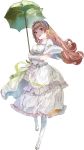  1girl :d atelier_(series) atelier_lydie_&amp;_suelle boots breasts brown_eyes brown_hair curly_hair dress frilled_dress frilled_hairband frills full_body gloves gown green_umbrella holding holding_umbrella honette_marlen long_hair looking_at_viewer official_art open_mouth parasol short_sleeves smile solo standing transparent_background umbrella white_dress white_footwear white_gloves wide_sleeves yuugen 