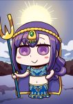  1girl :&gt; april_fools blush_stickers chibi clouds fate/grand_order fate_(series) hand_on_hip holding holding_weapon matou_sakura midriff navel official_art parvati_(fate/grand_order) polearm puffy_short_sleeves puffy_sleeves purple_hair riyo_(lyomsnpmp) short_sleeves solo star sun trident violet_eyes weapon 