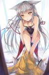 1girl animal_ears blush bodysuit cat_ears changing_clothes gloves highres hinot leotard long_hair looking_at_viewer niyah silver_hair simple_background solo spoilers thigh-highs twintails xenoblade xenoblade_(series) xenoblade_2 yellow_bodysuit yellow_eyes 