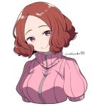  1girl blush brown_eyes brown_hair commentary_request do_m_kaeru okumura_haru persona persona_5 pink_sweater ribbed_sweater short_hair smile solo sweater twitter_username upper_body 