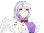  1girl breasts closed_mouth collared_shirt eyebrows_visible_through_hair grey_hair highres kishin_sagume large_breasts looking_at_viewer nekomata_kyou red_eyes shirt short_hair simple_background solo touhou upper_body white_background wings 