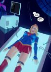  2girls blonde_hair blue_eyes bodysuit breasts cloak clock commentary computer dc_comics english highres hood hooded_cloak john_doe latex long_hair lying medium_breasts mind_control multiple_girls on_back open_mouth restrained skin_tight skirt speech_bubble stationary_restraints stephanie_brown supergirl torn_clothes 