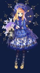  1girl bangs blonde_hair blue_bow blue_eyes blue_legwear blue_ribbon bonnet bow chin_strap dress flats frilled_dress frilled_gloves frills full_body gloves holding_lantern lantern lolita_fashion long_hair looking_at_viewer nicohi original overskirt parted_lips pegasus print_dress print_legwear ribbon solo white_gloves 