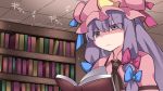  1girl book bookshelf crescent eyebrows_visible_through_hair hammer_(sunset_beach) hat long_hair mob_cap patchouli_knowledge purple_hair reading ribbon touhou translation_request violet_eyes 