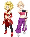  2girls baggy_pants bandeau bangs bare_shoulders black_legwear blonde_hair bracer breasts caulifla caulifla_(cosplay) choker clarent cleavage collarbone cosplay costume_switch crossover detached_collar detached_sleeves dragon_ball dragon_ball_super eyebrows_visible_through_hair fate/apocrypha fate/grand_order fate_(series) full_body green_eyes grin hair_ornament hair_scrunchie hand_holding hands_on_hips high_heels holding holding_sword holding_weapon looking_at_viewer medium_breasts medium_hair midriff mordred_(fate) mordred_(fate)_(all) mordred_(fate)_(cosplay) multiple_girls navel pants pelvic_curtain ponytail raised_eyebrow red_footwear scrunchie sideboob simple_background sleeveless smile spiky_hair strapless super_saiyan sword under_boob vambraces weapon white_footwear wristband 