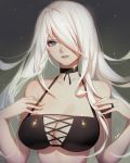  1girl absurdres bikini_top black_bikini_top blue_eyes breasts choker cleavage gradient gradient_background hair_over_one_eye hands_on_own_chest highres jewelry large_breasts long_hair mole mole_under_mouth nier_(series) nier_automata paid_reward parted_lips patreon_reward ring sidelocks simple_background solo songjikyo upper_body white_hair yorha_type_a_no._2 