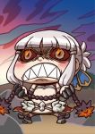  1girl :&gt; angry april_fools blush burning_eyes chibi claws fate/grand_order fate_(series) fire flail highres official_art penthesilea_(fate/grand_order) riyo_(lyomsnpmp) scowl shaded_face sharp_teeth silver_hair solid_circle_eyes solo teeth weapon 