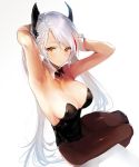  1girl armpits arms_behind_head azur_lane bangs bare_shoulders blush breasts bunnysuit cleavage closed_mouth collarbone eyebrows_visible_through_hair from_above from_side gradient gradient_background hair_between_eyes headgear highres hitaki_yuu large_breasts leotard long_hair looking_at_viewer looking_back mole mole_on_breast multicolored_hair pantyhose playboy_bunny_leotard prinz_eugen_(azur_lane) redhead silver_hair simple_background sitting solo streaked_hair thighs two_side_up very_long_hair wrist_cuffs 