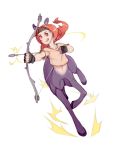  1girl :q aiming animal_ears arrow black_gloves bow_(weapon) centaur commentary_request fingerless_gloves gloves headband holding holding_bow_(weapon) holding_weapon horse_ears long_hair looking_at_viewer materclaws original red_eyes redhead running shirt short_sleeves smile solo standing tongue tongue_out weapon 