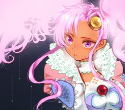  1girl bangs black_background choker dark_skin forehead_jewel highres long_hair looking_away meredy parted_bangs parted_lips pink_eyes pink_hair sidelocks simple_background solo tales_of_(series) tales_of_eternia twintails upper_body violet_eyes white_choker yym_fe 