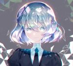  1other androgynous bangs black_neckwear closed_mouth collared_shirt diamond_(houseki_no_kuni) eyebrows_visible_through_hair gem_uniform_(houseki_no_kuni) grey_eyes hair_between_eyes houseki_no_kuni looking_at_viewer mechuragi necktie puffy_short_sleeves puffy_sleeves shirt short_sleeves silver_hair smile solo uniform white_shirt 