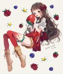  1girl artist_name bangs black_eyes blueberry boots bow brown_footwear brown_hair commentary_request dated eating flower food food_on_face food_print food_themed_clothes frilled_legwear fruit grey_background hair_bow high_waisted_pants highres hip_vent holding holding_fruit long_hair looking_at_viewer maroon_bow original print_legwear raspberry sash shiraho_(color-56) short_sleeves shorts simple_background solo strawberry strawberry_print thigh-highs wavy_hair 