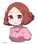  1girl blush brown_eyes brown_hair commentary_request do_m_kaeru highres okumura_haru persona persona_5 pink_sweater ribbed_sweater short_hair smile solo sweater twitter_username upper_body 