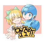  ! 1boy 1girl blonde_hair blue_eyes blue_gloves border bow capcom child clenched_hand closed_eyes commentary_request copyright_name fringe gloves hair_bow hair_ornament helmet high_ponytail hood hood_down hoodie open_mouth ponytail rockman rockman_(character) rockman_(classic) rockman_11 roll sidelocks smile text tobitori 