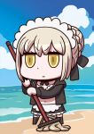  1girl april_fools artoria_pendragon_(all) artoria_pendragon_(swimsuit_rider_alter) beach blonde_hair blue_sky chibi clouds fate/grand_order fate_(series) holding holding_mop maid_headdress mop navel official_art riyo_(lyomsnpmp) sky solo water yellow_eyes 