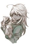  1girl ahoge blush commentary_request food greyscale guilty_gear hair_between_eyes hamburger hankuri holding holding_food jacket long_hair long_sleeves looking_at_viewer monochrome ramlethal_valentine simple_background sipping solo sweatdrop upper_body white_background 