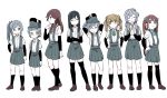  6+girls :&gt; :d ^_^ arare_(kantai_collection) arashio_(kantai_collection) arm_warmers arms_behind_head asagumo_(kantai_collection) asashio_(kantai_collection) bangs black_hair black_legwear blue_eyes blue_ribbon blunt_bangs brown_eyes brown_hair closed_eyes closed_mouth collared_shirt commentary_request crossed_arms double_bun expressionless eyebrows_visible_through_hair frown full_body ghost_in_the_shell ghost_in_the_shell_lineup ghost_in_the_shell_stand_alone_complex green_hairband green_ribbon grey_hair hair_between_eyes hair_flaps hair_over_shoulder hair_ribbon hair_rings hairband hand_on_hip hands_on_hips hands_together hat highres jitome kantai_collection kasumi_(kantai_collection) kneehighs lineup loafers long_hair looking_at_viewer michishio_(kantai_collection) multiple_girls neck_ribbon ooshio_(kantai_collection) open_mouth pleated_skirt purple_hair ribbon school_uniform shirt shoes short_hair side_ponytail simple_background skirt smile standing suspenders thigh-highs tonmoh twintails v-shaped_eyebrows white_background white_shirt yamagumo_(kantai_collection) 