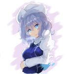  1girl blue_dress blue_eyes breast_hold breasts commentary_request dress eyebrows_visible_through_hair hair_between_eyes hat head_tilt highres juliet_sleeves large_breasts letty_whiterock long_sleeves parted_lips puffy_sleeves purple_background rin_falcon short_hair silver_hair solo touhou two-tone_background upper_body white_background white_sleeves 