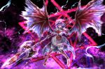  bat_wings finger_to_mouth floating flying hat highres holding holding_weapon kushidama_minaka pointy_ears remilia_scarlet smile the_embodiment_of_scarlet_devil touhou weapon wings 