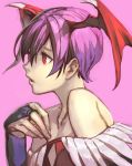  1girl air_bubble bare_shoulders blue_gloves bridal_gauntlets bubble fingernails from_side gloves hand_up hankuri head_wings lilith_aensland parted_lips purple_background red_eyes short_hair simple_background solo upper_body vampire_(game) violet_eyes 