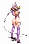  1girl ass blue_eyes breasts ctrlgon high_heels holding holding_sword holding_weapon isabella_valentine large_breasts lipstick looking_at_viewer makeup nail_polish purple_hair purple_legwear purple_lipstick red_nails revealing_clothes short_hair shoulder_pads sideboob smile solo soul_calibur soulcalibur_iv sword thigh-highs under_boob weapon whip_sword white_background 