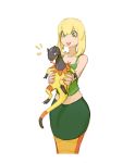  1girl :p blonde_hair closed_mouth commentary cowboy_shot gen_6_pokemon green_shirt green_skirt heliolisk lamia materclaws monster_girl notice_lines pokemon pokemon_(creature) shirt simple_background skirt sleeveless sleeveless_shirt smile tongue tongue_out white_background 