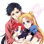  1boy 2girls bishoujo_senshi_sailor_moon black_hair blonde_hair blue_eyes cat chibi_chibi child closed_mouth double_bun earrings family heart heart_of_string hug jewelry luna_(sailor_moon) multiple_girls one_eye_closed redhead seiya_kou shoubu_(pixiv1476622) smile stud_earrings tsukino_usagi violet_eyes 