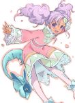  1girl :d big_hair creature dark_skin deyuuku dress forehead_jewel lavender_hair looking_at_viewer meredy open_mouth outstretched_arms panthose pink_dress pink_eyes pink_hair pink_legwear quickie sidelocks smile spread_arms tales_of_(series) tales_of_eternia teeth twintails violet_eyes white_background wide_sleeves 