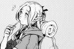  1girl backpack bag bangs blush braid commentary_request dungeon_meshi eating elf from_side greyscale hand_up hankuri holding long_hair marcille monochrome notice_lines parted_bangs pointy_ears polka_dot polka_dot_background robe solo wide-eyed 