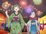  2girls :d ^_^ alternate_costume blue_flower bow cape closed_eyes commentary english_commentary eyelashes fire_emblem fire_emblem_fates fire_emblem_heroes fireworks flower green_hair grey_hair hair_bun hair_flower hair_ornament highres holding_hands igni_tion japanese_clothes kana_(female)_(fire_emblem) kana_(female)_(rising_sunlight)_(fire_emblem) kana_(fire_emblem) kimono medium_hair midori_(fire_emblem) multiple_girls new_year night night_sky official_alternate_costume outdoors pointy_ears purple_bow red_cape red_flower sky smile standing teeth twintails upper_teeth_only 