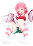  1girl absurdres bare_shoulders blush breasts collarbone eyebrows_visible_through_hair highres huaimeng looking_at_viewer mystia_lorelei navel open_mouth pink_eyes pink_hair pink_legwear pointy_ears short_hair small_breasts socks solo striped striped_legwear touhou white_legwear wings 