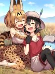  2girls animal_ears bag bare_shoulders black_hair blonde_hair bow bowtie bucket_hat closed_eyes elbow_gloves eyebrows_visible_through_hair feathers gloves hand_on_another&#039;s_arm hat hug hug_from_behind kaban_(kemono_friends) kemono_friends lucky_beast_(kemono_friends) minami_ikkei multicolored_hair multiple_girls open_mouth pantyhose seiza serval_(kemono_friends) serval_ears serval_print serval_tail shirt short_hair shorts sitting skirt smile t-shirt tail thigh-highs 