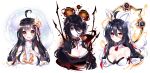  3girls :d ahoge animal_ears apsara_(elsword) ara_han bare_shoulders black_gloves black_hair braid breasts cleavage closed_mouth collarbone detached_collar devi_(elsword) elsword finger_to_mouth fox_ears g_ieep gloves hair_ornament heterochromia highres large_breasts long_hair looking_at_viewer multicolored_hair multiple_girls multiple_persona open_mouth partly_fingerless_gloves red_eyes shiva_(elsword) smile two-tone_hair upper_body white_hair yellow_eyes 