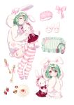  1girl absurdres animal_ears animal_hood aqua_hair blush blush_stickers bonnet bow bunny_hood bunny_tail checkerboard_cookie closed_eyes cookie doily fake_animal_ears food fork frilled_pillow frills fruit fur hair_ornament hand_on_own_chin headphones highres holding holding_stuffed_animal hood long_sleeves multiple_views no_shoes original pajamas paw_print pillow pink_bow red_eyes simple_background sleep_mask sleeping slippers spoon strawberry striped striped_legwear stuffed_animal stuffed_bunny stuffed_toy tail thigh-highs wavy_mouth white_background x_hair_ornament yuzhi 
