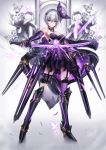  1girl butterfly butterfly_hair_ornament butterfly_mask crystal dress gauntlets greaves grey_hair hair_ornament highres insect katana mecha_musume original short_hair single_thighhigh solo sword t-track thigh-highs weapon 