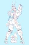  1girl ass blue_background blue_eyes bodysuit breasts cyborg easter_egg egg full_body gloves gun hairband highres holding_egg large_breasts looking_at_viewer machine mechanical_legs original parted_lips rabbit side_cutout silver_hair simple_background solo weapon wei_(kaminari0411) white_gloves 