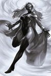  1girl bare_shoulders boots breasts cape closed_mouth dark_skin electricity flying_sweatdrops greyscale hankuri headpiece high_heel_boots high_heels leotard long_hair looking_at_viewer medium_breasts monochrome no_pupils outstretched_arms solo spread_arms storm_(x-men) thigh-highs thigh_boots wristband x-men 