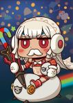  1girl altera_(fate) altera_the_santa april_fools cane chibi earmuffs fake_facial_hair fake_mustache fate/grand_order fate_(series) gift holding mittens navel official_art rainbow red_eyes red_footwear riding riyo_(lyomsnpmp) sheep short_hair sitting snowman star veil white_hair 