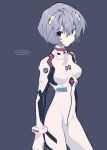  1girl absurdres ayanami_rei bodysuit character_name closed_mouth commentary_request copyright_name cowboy_shot eyebrows_visible_through_hair eyes_visible_through_hair grey_hair hair_between_eyes headgear highres looking_at_viewer mochizuki_kei neon_genesis_evangelion pilot_suit plugsuit red_eyes short_hair solo standing white_bodysuit 