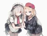  2girls apron beret blonde_hair blue_eyes breasts cleavage cosplay costume_switch g36_(girls_frontline) g36c_(girls_frontline) girls_frontline gloves grey_hair hand_holding hat interlocked_fingers large_breasts long_hair looking_at_viewer maid_apron maid_headdress medium_breasts multiple_girls red_eyes shuzi skirt white_gloves 