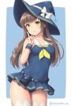  1girl anchor_hat_ornament bow breasts brown_hair green_eyes hat hat_bow index_finger_raised long_hair neckerchief original ribbon sailor_collar sasaame signature skirt smile thigh-highs twitter_username white_sailor_collar witch_hat wrist_cuffs yellow_neckwear 
