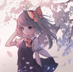  1girl absurdres arm_at_side blonde_hair blue_eyes blurry bow cherry_blossoms daiyousei depth_of_field eyebrows_visible_through_hair fairy_wings hair_blowing hair_bow hair_ribbon hand_in_hair highres hito_komoru looking_to_the_side navy_blue_skirt navy_blue_vest petals puffy_short_sleeves puffy_sleeves red_bow ribbon short_hair short_sleeves side_ponytail simple_background skirt skirt_set smile solo touhou tree white_background wind wind_lift wings 