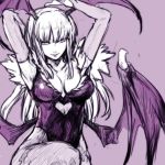 1girl armpits bangs blunt_bangs breasts bridal_gauntlets cleavage_cutout closed_mouth commentary_request elbow_gloves gloves hands_up hankuri head_wings highleg highleg_leotard large_breasts leotard long_hair low_wings monochrome morrigan_aensland pantyhose purple purple_background simple_background smile solo standing vampire_(game) wings 