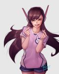  1girl bangs brown_eyes brown_hair commentary d.va_(overwatch) e-sports ernest_nigel_tuvera headphones jersey lips long_hair looking_at_viewer money_gesture overwatch parted_lips short_shorts shorts smile solo swept_bangs whisker_markings 