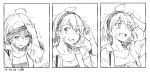  1girl 2018 3koma ahoge alternate_costume arm_up artist_name bandaid_on_cheek blush breasts collarbone comic crying crying_with_eyes_open dated eyebrows_visible_through_hair greyscale hair_between_eyes hairband jacket kantai_collection kawashina_(momen_silicon) monochrome oboro_(kantai_collection) open_mouth round_teeth scratching_head shirt short_hair sweat t-shirt tears teeth upper_body white_background 