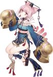  1girl atelier_(series) atelier_lydie_&amp;_suelle atelier_sophie bare_legs bare_shoulders blue_dress closed_mouth cornelia_(atelier) double_bun dress feathers frills full_body hair_ornament hair_stick looking_at_viewer miniskirt noco_(adamas) official_art pink_eyes pink_hair sandals short_hair skirt sleeves_past_wrists solo 